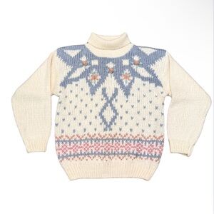 Vintage 80s Colter Bay Hand Loomed Fair Isle Ski Sweater Cream Pink Blue Granny